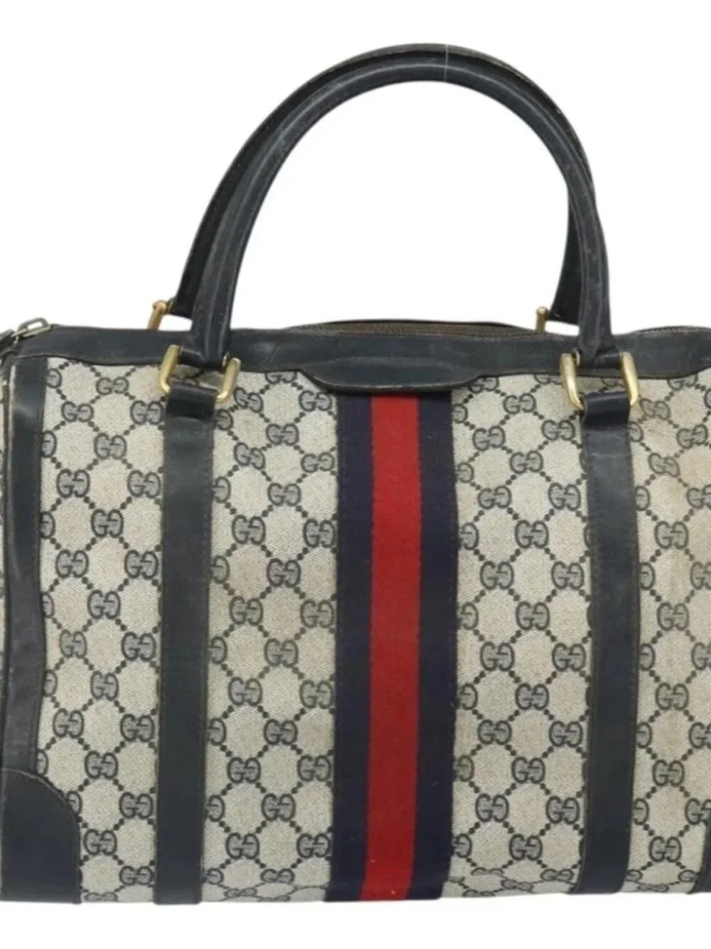 GUCCI GG Supreme Sherry Line Boston Bag PVC Navy Gold Red - Picture 2 of 15